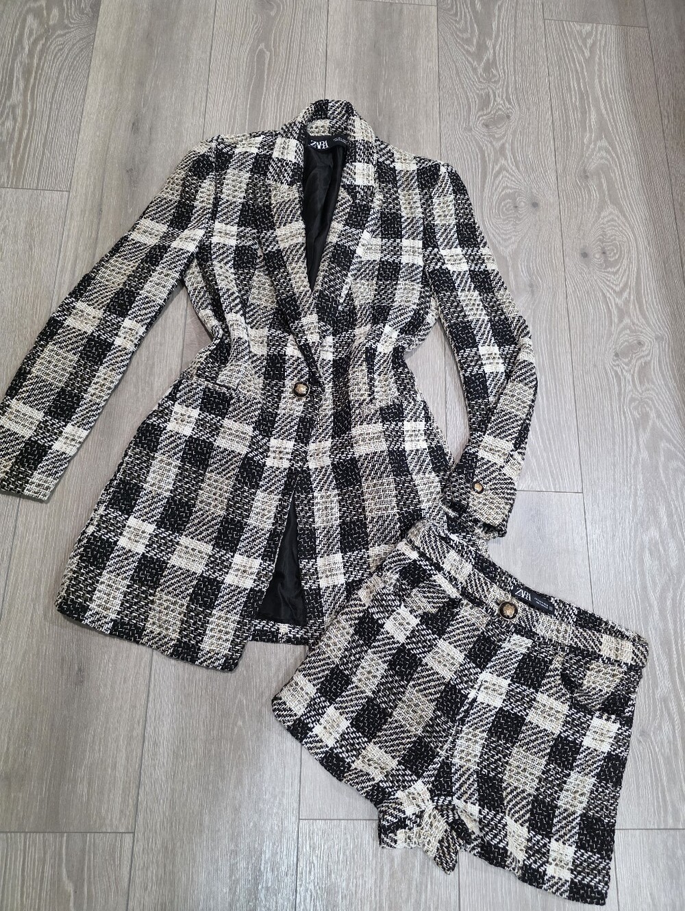 Zara Stylish Plaid Tweed Blazer & Short Set - Black & Cream